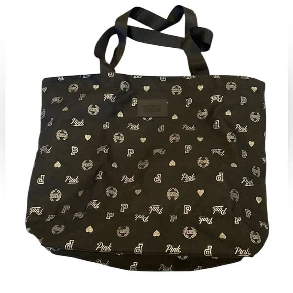 NWOT PINK VICTORIAS SECRET BLACK AND SILVER TOTE BAG - Picture 2 of 2